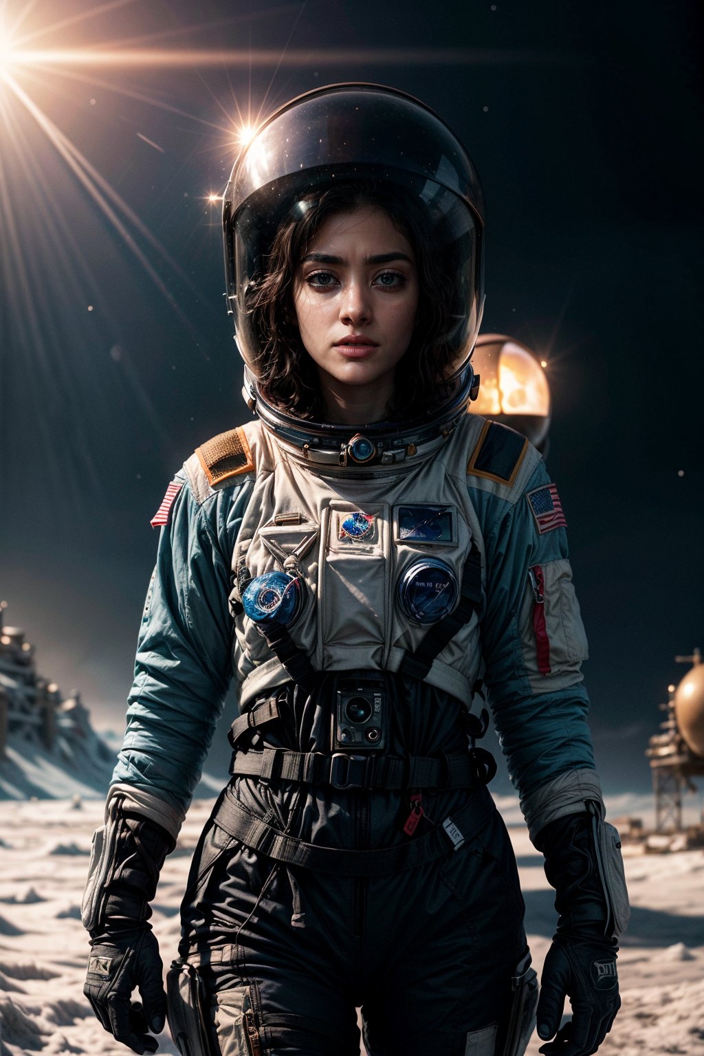 close up photography, female astronaut with cyan clothes, holding broken helmet, orange exploration vehicle  in the background on ice planet landscape, sunny, dramatic lighting, film , mutted color pallete, imax, color grading,xxmix girl woman,Interstellar,Indian