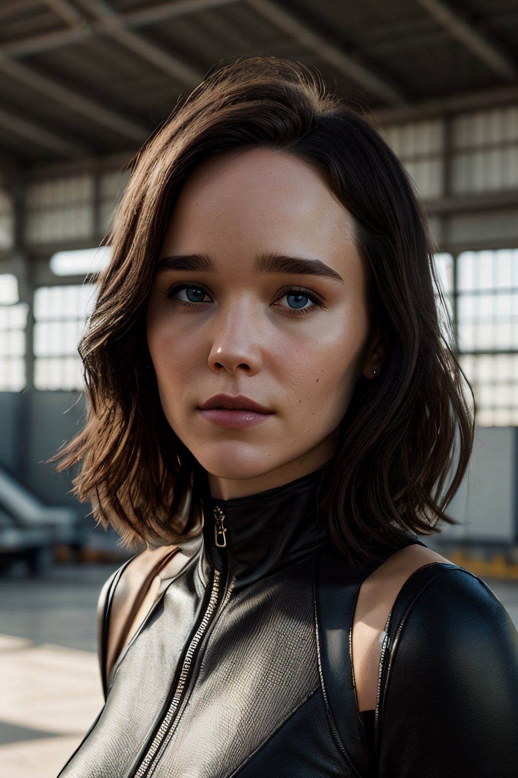 Photorealistic, Ellen Page, facial portrait, sexy stare, smirked, x-men outfit, inside hangar, 