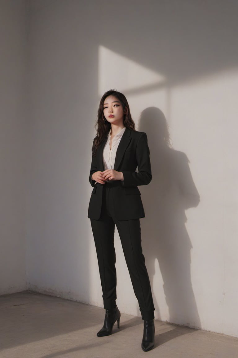 full_body , 8k , beautiful girl, wears black suit, ultra realistic, behind_position lighting, cinematic ,xxmix girl woman,arcane , clear face 