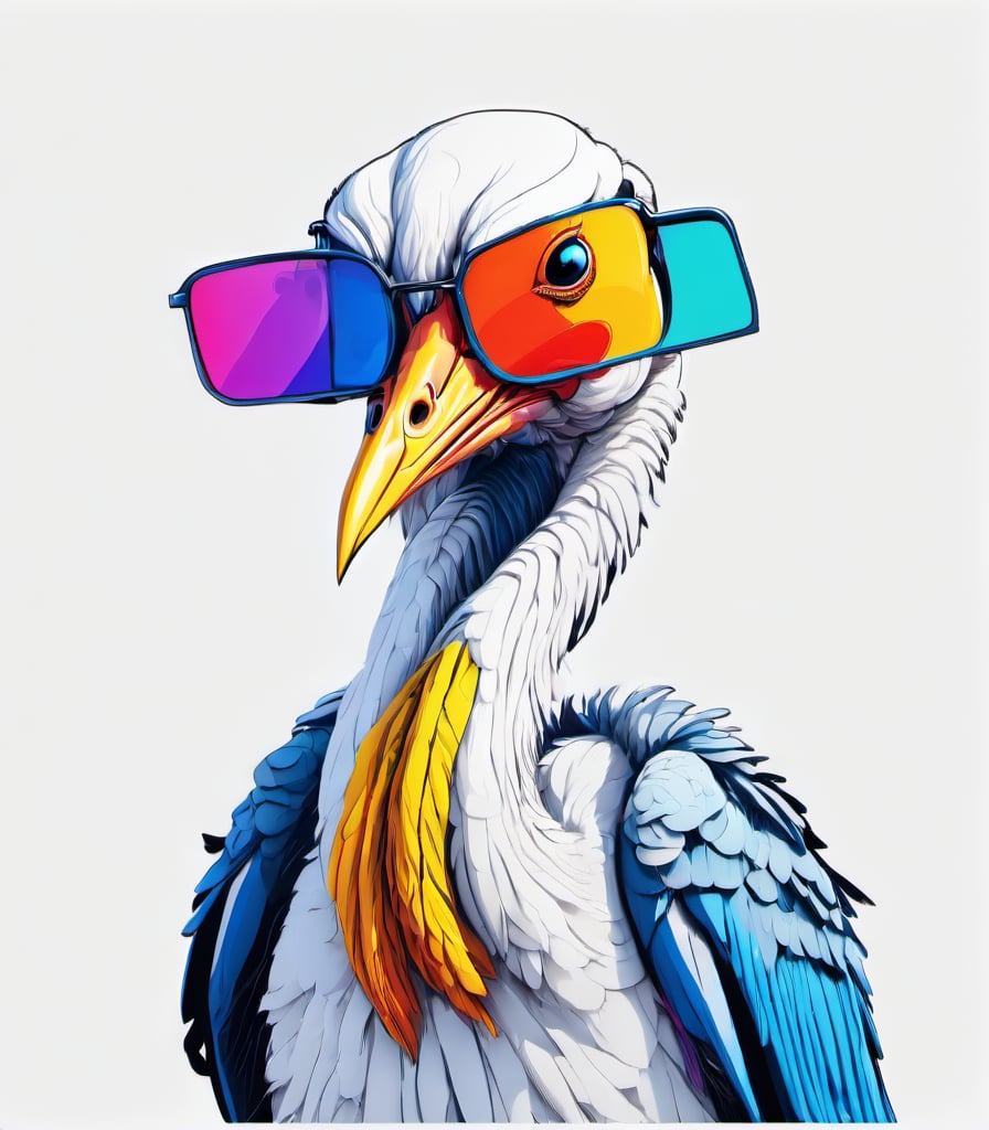 Leonardo Style, illustration, kungfu stork in london, stork, , tired look, sideeye look, looking down, white  background, simple background, colored sunglasses, colorful , color splash , pop color, ultra hd,oni style, 3d