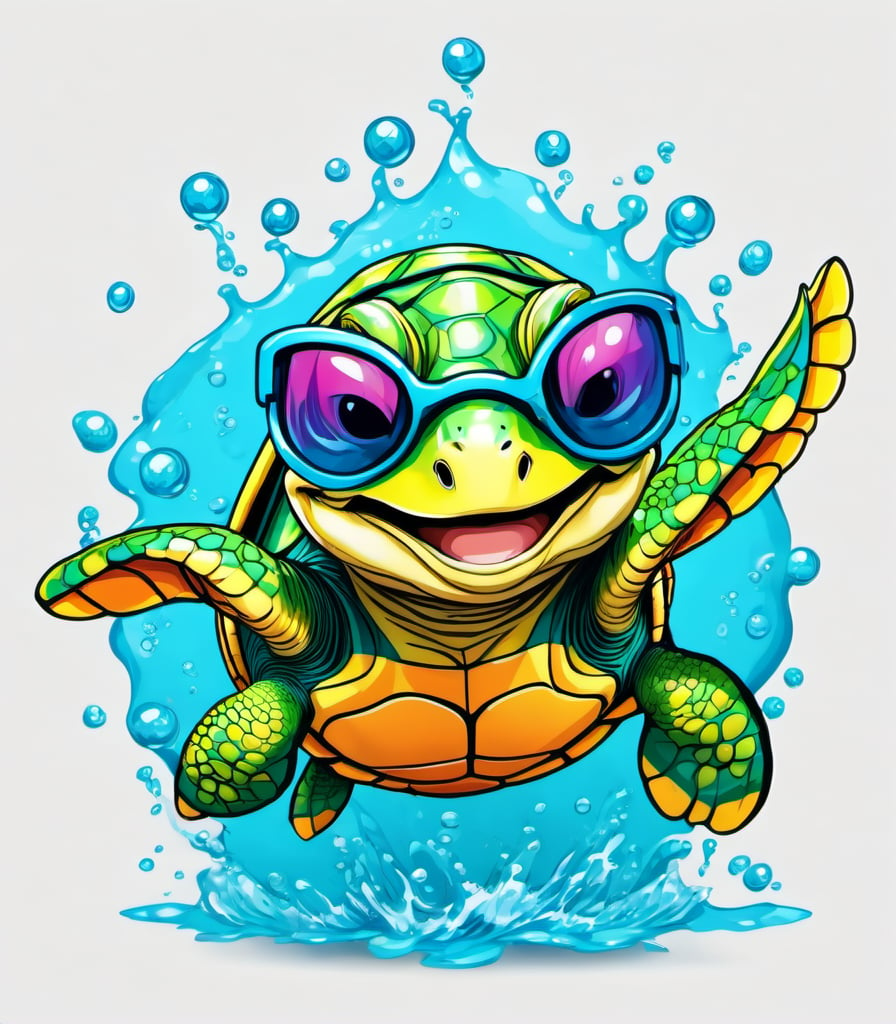 Leonardo Style, illustration, kungfu turtle, sea turtle, joyful sea turtle, nice, happy, looking up, water bubbles, white  background, simple background, colored sunglasses, colorful , color splash , pop color, ultra hd,oni style, 3d