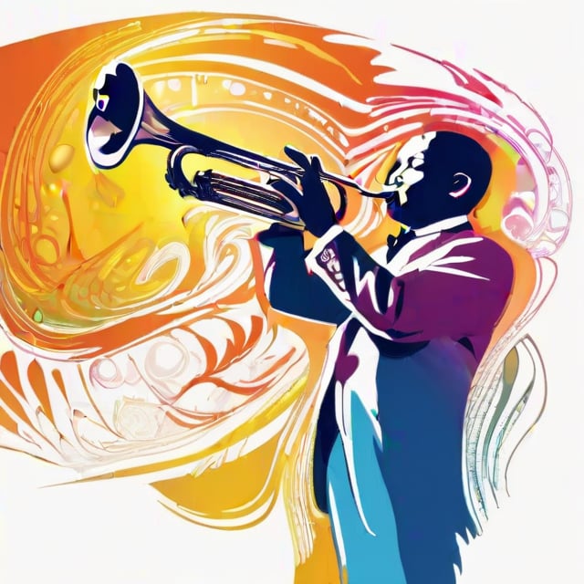 hand drawing artistic lines on white background for Silhouettes of a jazz player, playing trumpet colorful painting, vivid summer colors, one drawing per page, clear shapes and details