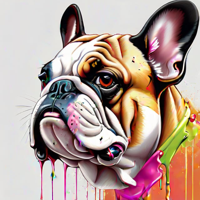 vector t-shirt design ready to print, 3D illustration of a colorful graffiti illustration Colorful Bulldog's head liquid paint dropping, summer colors, white clean background, per vector, high detail, t-shirt design, grafitti, vivid, very detailed image