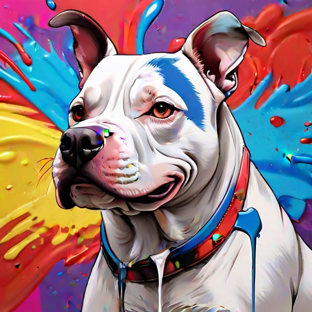 Realistic 3D illustration of a colorful graffiti illustration Colorful rooster's head liquid paint dropping, French flag background, summer vivid colors, American pitbull bully, high detail, t-shirt design, grafitti, vivid colors, very detailed image