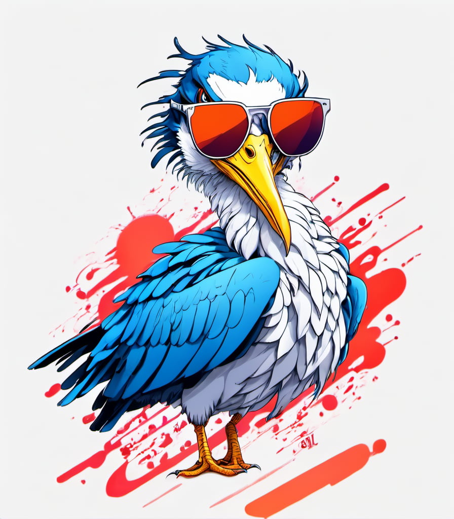 Leonardo Style, illustration, kungfu stork in london, stork, , tired looking, sideeye look, badmorning look, white  background, simple background, colored sunglasses, colorful , color splash , pop color, ultra hd,oni style, 3d