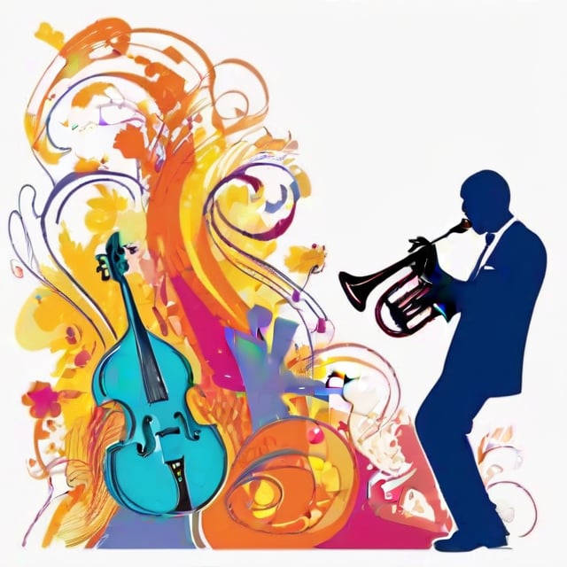 hand drawing artistic lines on white background for Silhouettes of a jazz player, colorful painting, vivid summer colors, one drawing per page, clear shapes and details