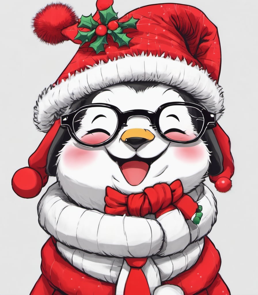 hand drawing black and white giraffe wearing christmas red hat covering the head, red rounded glasses, red tie with white small dots, big smile and happy look, ultra HD, hi_resolution, high_definition.