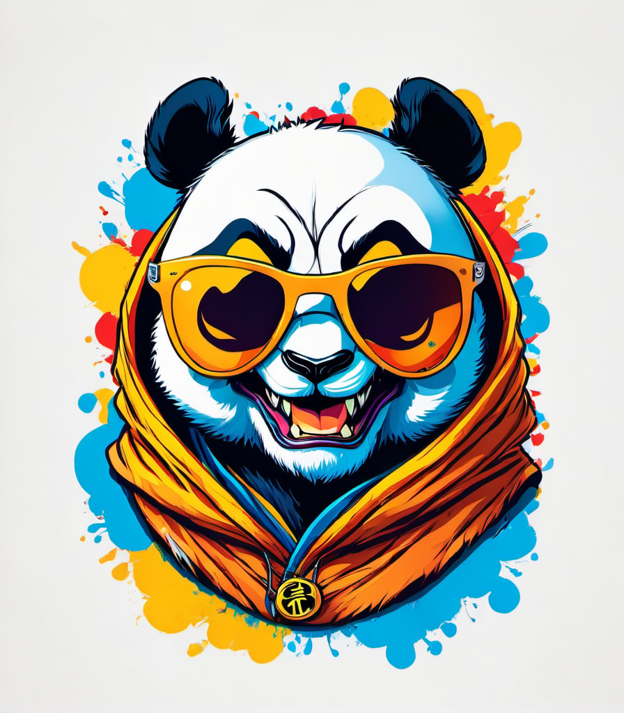 Leonardo Style, illustration, kungfu panda, big panda, nice smilling look, white  background, simple background, sunglasses, colorful , color splash , pop color, ultra hd,oni style