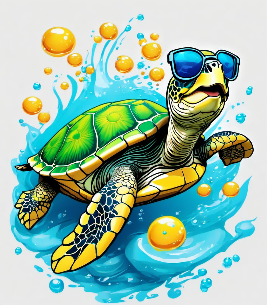 Leonardo Style, illustration, kungfu turtle, sea turtle, joyful sea turtle, nice, happy, looking up, water bubbles, white  background, simple background, colored sunglasses, colorful , color splash , pop color, ultra hd,oni style, 3d