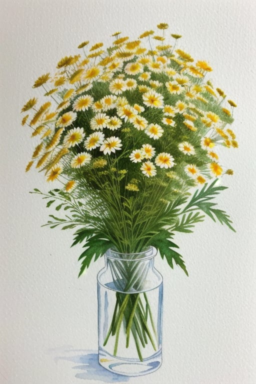 masterpiece, watercolor_(large), Flower verity, Watercolor Meadow Flowers ,Bouquet Of Chamomile, high_resolution, rich colors, very clear details