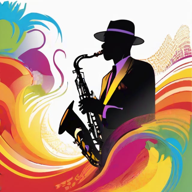 hand drawing artistic lines on white background for Silhouettes of a jazz player, Black Jazz player playing saxophone, Jazz player with hat, colorful painting, vivid summer colors, one drawing per page, clear shapes and details