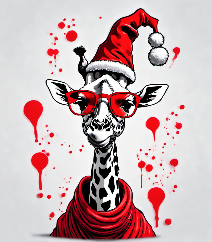 Leonardo Style, illustration, giraffe in london, giraffe, confused look, hand drawing in black and white with red santa claus hat, white  background, simple background, red rounded trasnparant glasses,  color splash , pop color, ultra hd, oni style, 3d