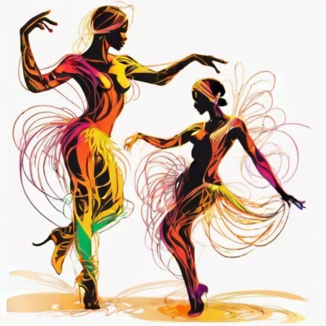 hand drawing artistic lines on white background for Silhouettes of samba a man and a woman dancers, colorful painting, vivid summer colors, one drawing per page.