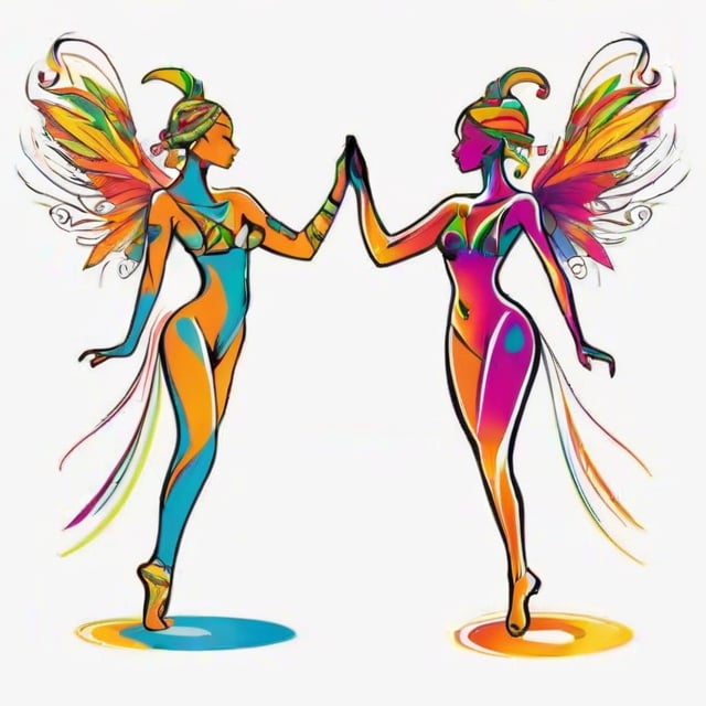 hand drawing artistic lines on white background for Silhouettes of samba a man and a woman dancers, colorful painting, vivid summer colors, one drawing per page.