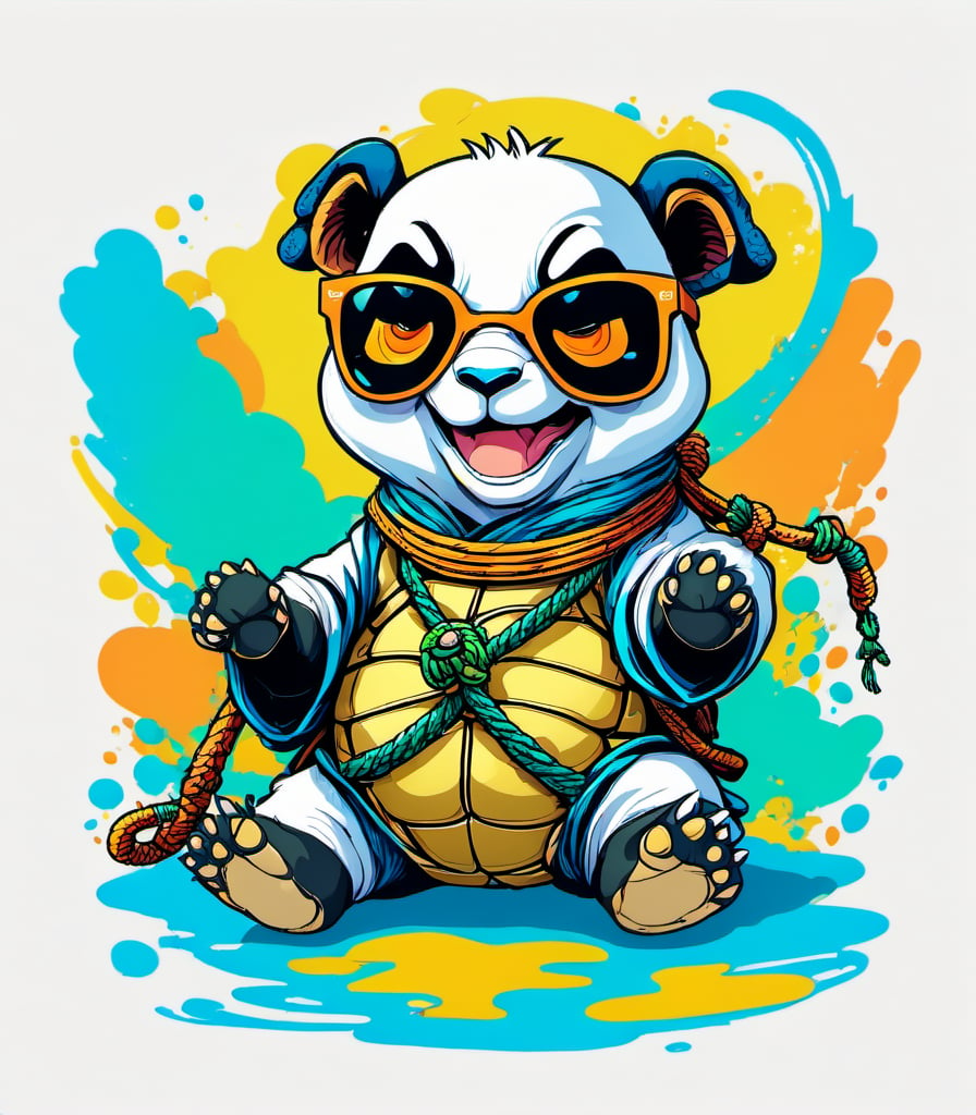 Leonardo Style, illustration, kungfu turtle, turtle, morning panda, nice, happy, looking up, climbing rope, white  background, simple background, colored sunglasses, colorful , color splash , pop color, ultra hd,oni style