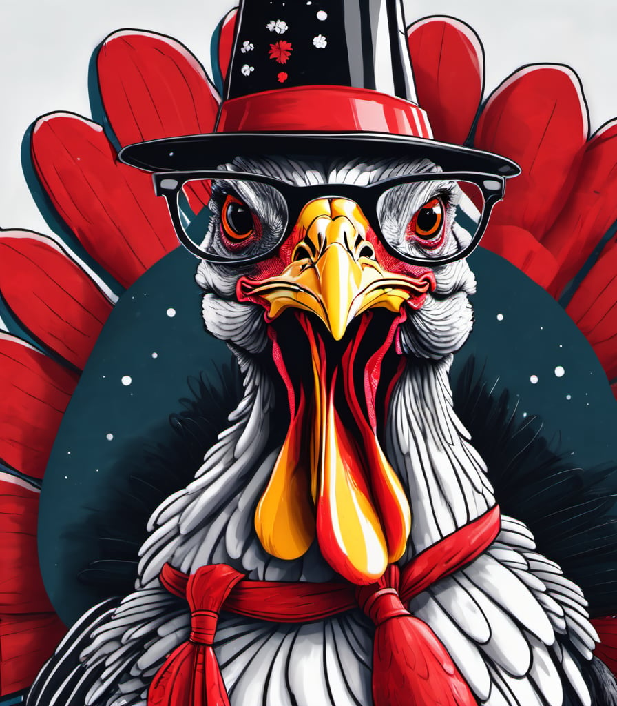 hand drawing black and white turkey wearing christmas red hat covering the head, red rounded glasses, red tie with white small dots, big smile and happy look, ultra HD, hi_resolution, high_definition.