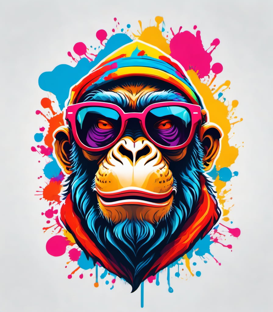 Leonardo Style, illustration, kungfu ape in london, ape, joyful ape, nice, happy, looking up, white  background, simple background, colored sunglasses, colorful , color splash , pop color, ultra hd,oni style, 3d