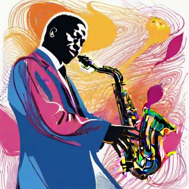 hand drawing artistic lines on white background for Silhouettes of a jazz player, colorful painting, vivid summer colors, one drawing per page, clear shapes and details