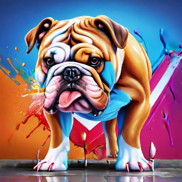 Realistic 3D illustration of a colorful graffiti illustration Colorful Bulldog's head liquid paint dropping, summer vivid colors, with Union Jack british Flag background Illustration. A proud British Bulldog with red, white and blue colour, high detail, t-shirt design, grafitti, vivid colors, very detailed image