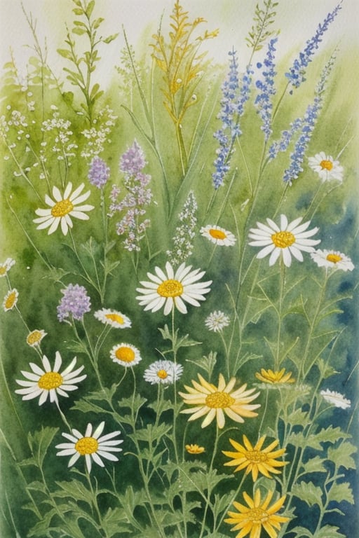 masterpiece, water color, Flower verity, Meadow Flowers, Bouquet Of Chamomile, high_resolution, rich colors, very clear details