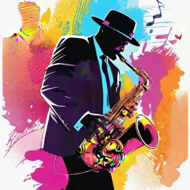 hand drawing artistic lines on white background for Silhouettes of a jazz player, Black Jazz player playing saxophone, Jazz player with hat, colorful painting, vivid summer colors, one drawing per page, clear shapes and details