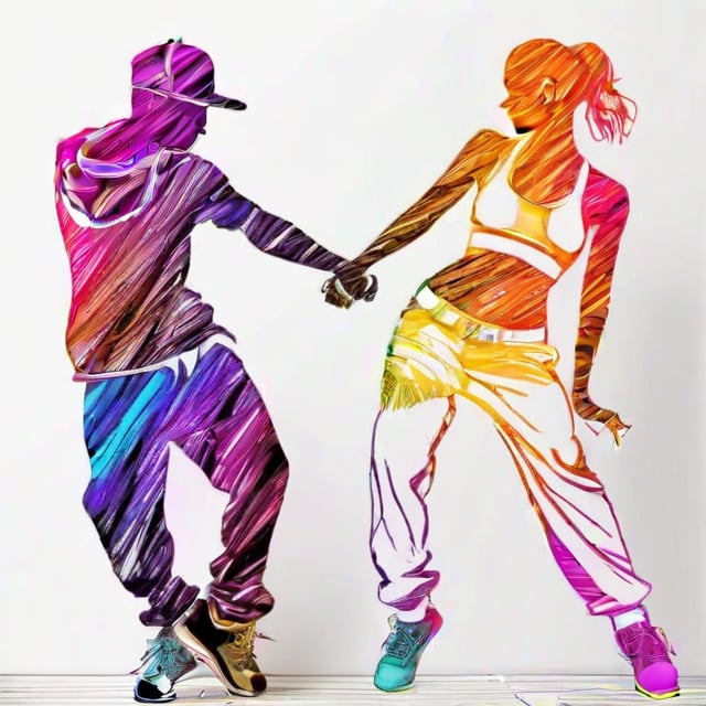 hand drawing artistic lines on white background for Silhouettes of  a man and a woman Hip-Hop dancers, colorful painting, vivid summer colors, one drawing per page.