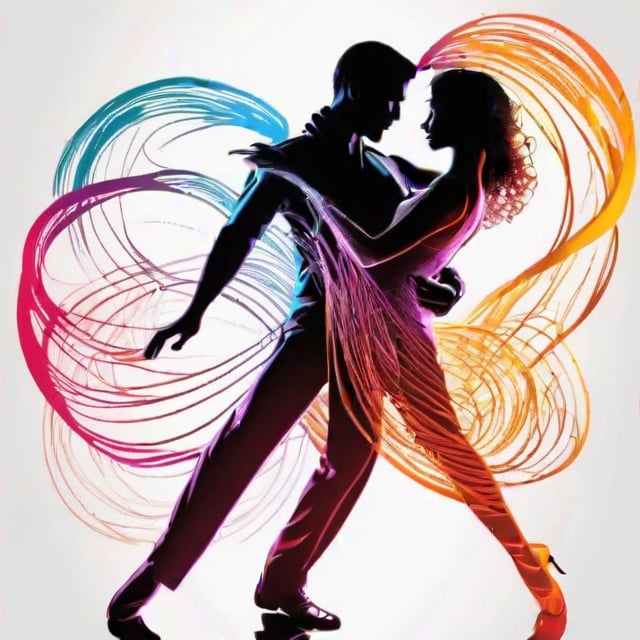 hand drawing artistic lines on white background for Silhouettes of salsa a man and a woman dancers, colorful painting, vivid summer colors, one drawing per page.