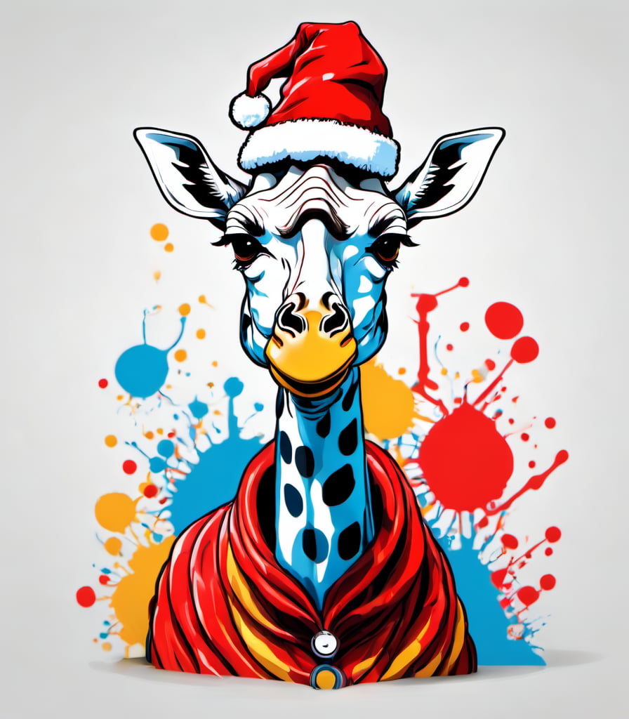 Leonardo Style, illustration, giraffe in london, giraffe, happy look, hand drawing in black and white, red santa claus hat covering the head, white  background, simple background, red rounded trasnparant glasses, multy colors splash , pop color, ultra hd, oni style, 3d