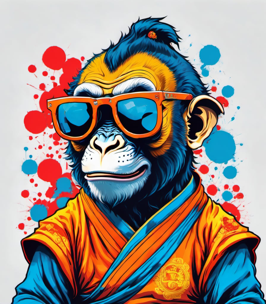 Leonardo Style, illustration, kungfu ape in london, ape, joyful ape, nice, happy, looking up, white  background, simple background, colored sunglasses, colorful , color splash , pop color, ultra hd,oni style, 3d