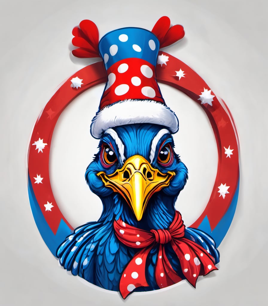 hand drawing black and white turkey wearing christmas red white blue hat covering the head, red rounded glasses, red tie with white small dots, big smile and happy look, happy eyes, ultra HD, hi_resolution, high_definition.