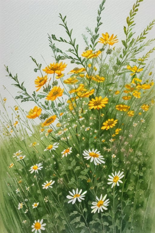 masterpiece, water color, Flower verity, Meadow Flowers, Bouquet Of Chamomile, high_resolution, rich colors, very clear details