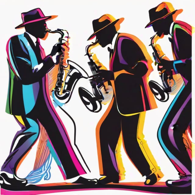 hand drawing artistic lines on white background for Silhouettes of a jazz player, Black Jazz player playing saxophone, Jazz player with hat, colorful painting, vivid summer colors, one drawing per page, clear shapes and details