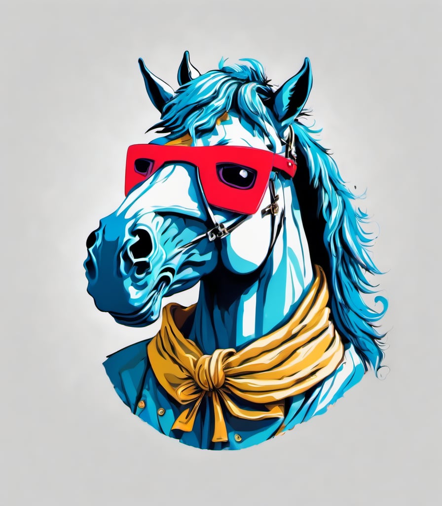 Leonardo Style, illustration, Fergus the horse in london, Fergus the Horse, confused look, white  background, simple background, colored sunglasses, colorful , color splash , pop color, ultra hd,oni style, 3d