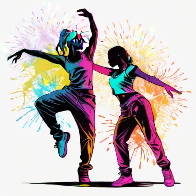 hand drawing artistic lines on white background for Silhouettes of  a man and a woman Hip-Hop dancers, colorful painting, vivid summer colors, one drawing per page.