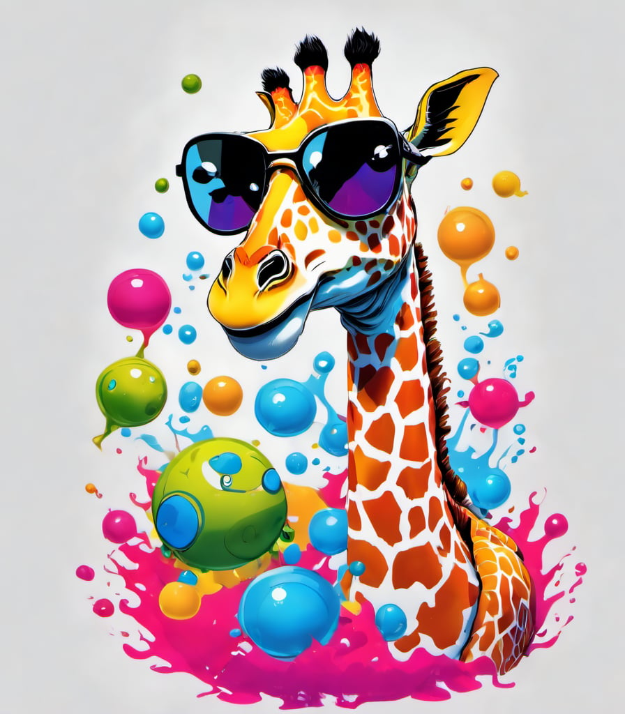 Leonardo Style, illustration, kungfu giraffe in london, giraffe, joyful sea turtle, nice, happy, looking up, water bubbles, white  background, simple background, colored sunglasses, colorful , color splash , pop color, ultra hd,oni style, 3d