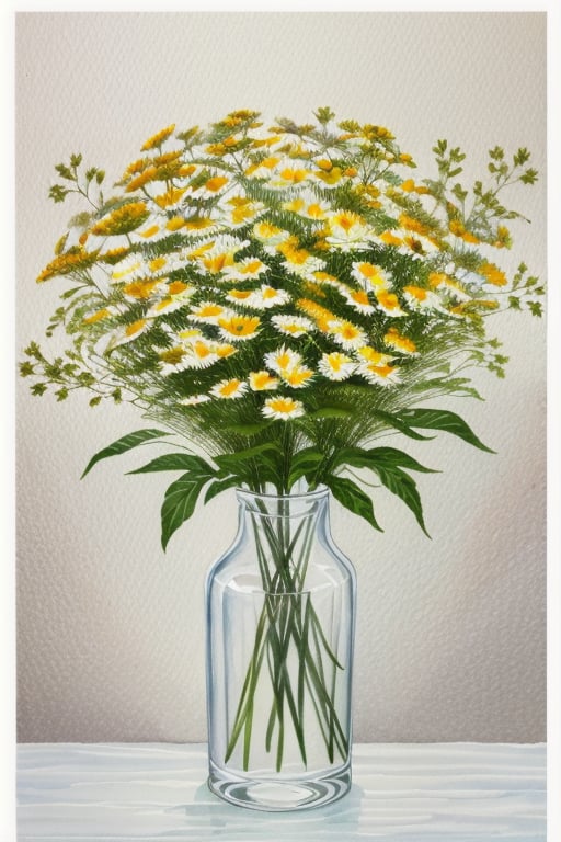 masterpiece, watercolor_(large), Flower verity, Watercolor Meadow Flowers ,Bouquet Of Chamomile, high_resolution, rich colors, very clear details