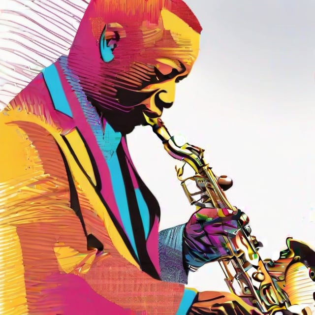 hand drawing artistic lines on white background for Silhouettes of a jazz player, colorful painting, vivid summer colors, one drawing per page, clear shapes and details