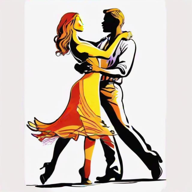 hand drawing artistic lines on white background for Silhouettes of a man and a woman salsa dancers, colorful painting, vivid summer colors, one drawing per page.