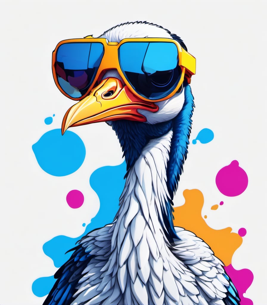 Leonardo Style, illustration, kungfu stork in london, stork, , tired look, sideeye look, looking down, white  background, simple background, colored sunglasses, colorful , color splash , pop color, ultra hd,oni style, 3d