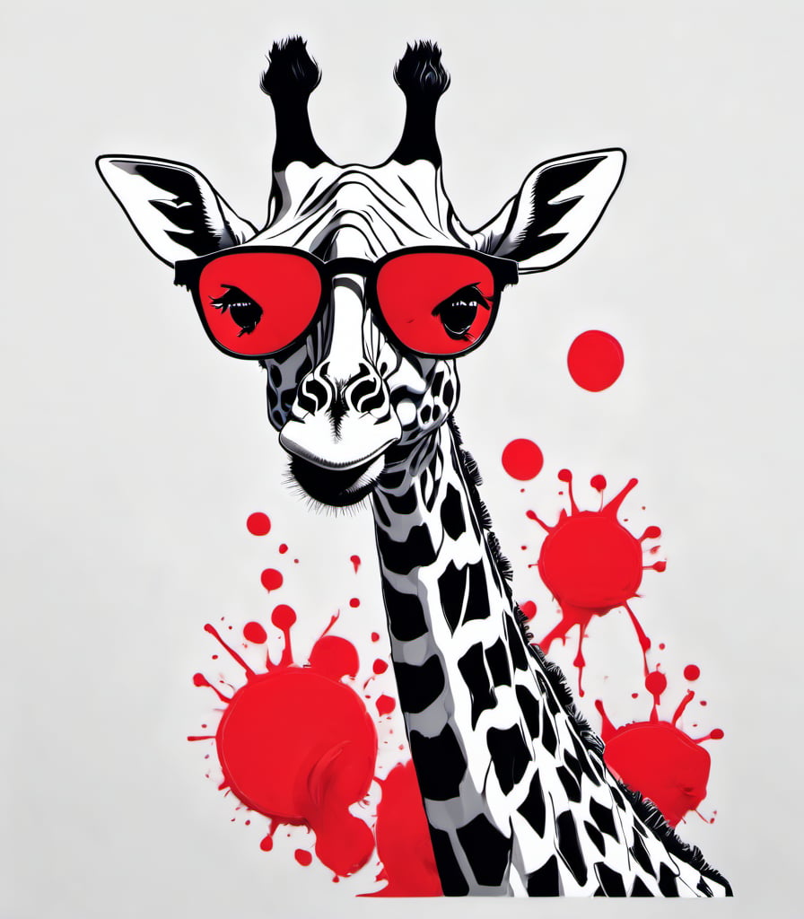 Leonardo Style, illustration, giraffe in london, giraffe, confused look, hand drawing in black and white with red santa claus hat, white  background, simple background, red rounded trasnparant glasses,  color splash , pop color, ultra hd, oni style, 3d