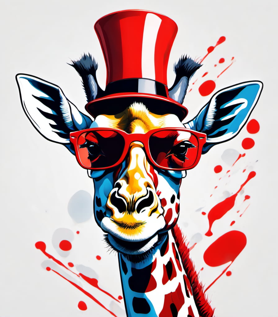 Leonardo Style, illustration, giraffe in london, giraffe, happy look, hand drawing in black and white, red santa claus hat covering the head, white  background, simple background, red rounded trasnparant glasses, multy colors splash , pop color, ultra hd, oni style, 3d