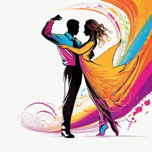 hand drawing artistic lines on white background for Silhouettes of salsa a man and a woman dancers, colorful painting, vivid summer colors, one drawing per page.