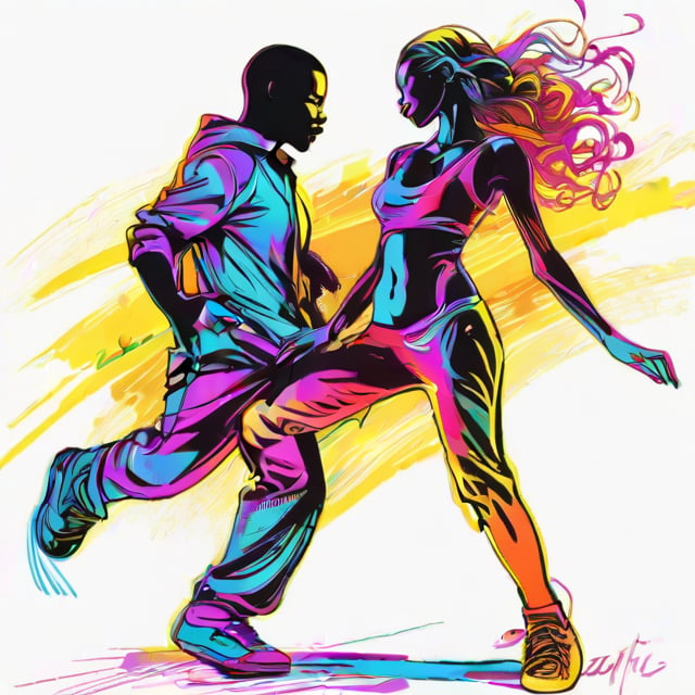 hand drawing artistic lines on white background for Silhouettes of  a man and a woman Hip-Hop dancers, colorful painting, vivid summer colors, one drawing per page.