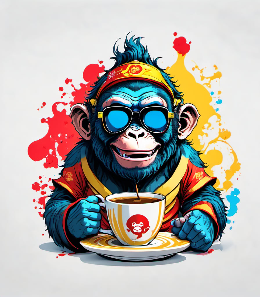 Leonardo Style, illustration, kungfu ape in london, ape, joyful ape, nice, happy, looking up, drinking coffee, white  background, simple background, colored sunglasses, colorful , color splash , pop color, ultra hd,oni style, 3d