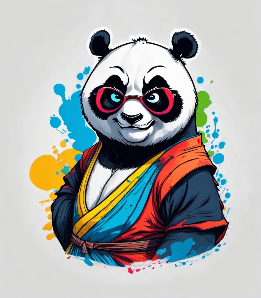 Leonardo Style, illustration, kungfu panda, panda, white  background, simple background, sunglasses, colorful , color splash , pop color, ultra hd,oni style