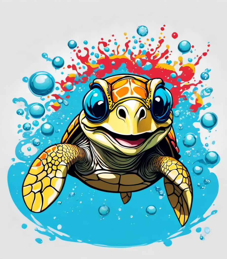 Leonardo Style, illustration, kungfu turtle, sea turtle, joyful sea turtle, nice, happy, looking up, water bubbles, white  background, simple background, colored sunglasses, colorful , color splash , pop color, ultra hd,oni style