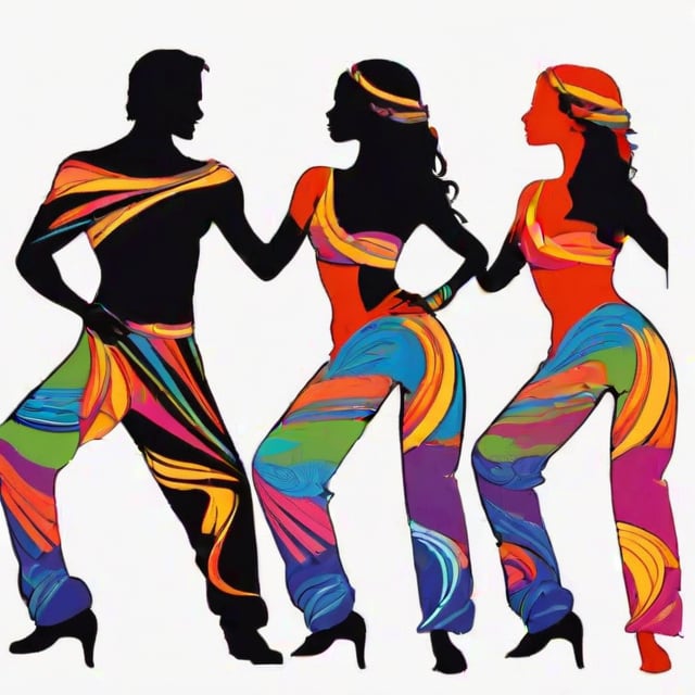 hand drawing artistic lines on white background for Silhouettes of salsa a man and a woman dancers, colorful painting, vivid summer colors, one drawing per page.