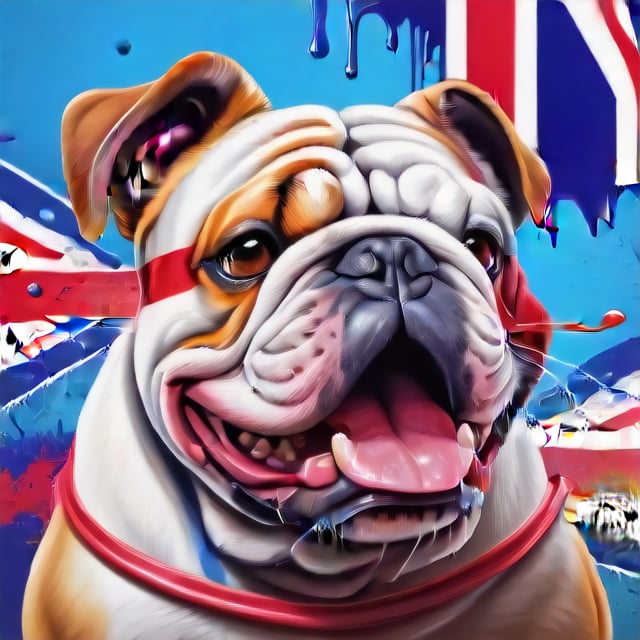 Realistic 3D illustration of a colorful graffiti illustration Colorful Bulldog's head liquid paint dropping, summer vivid colors, with Union Jack british Flag background Illustration. A proud British Bulldog with red, white and blue colour, high detail, t-shirt design, grafitti, vivid colors, very detailed image