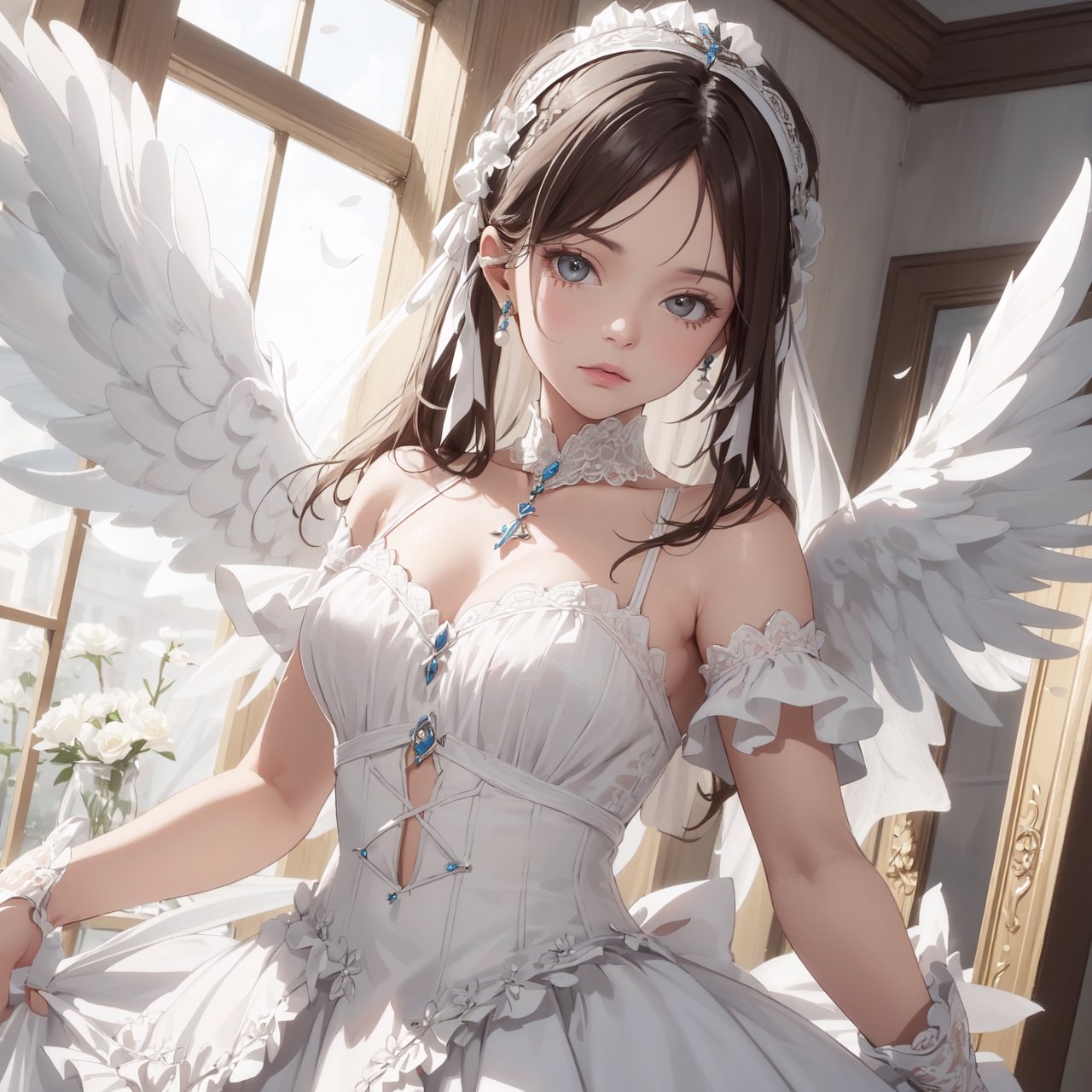 (best quality),(masterpiece),(high resolution),perfect anatomy,Cinematic lighting, (Dutch angles, dynamic poses),Background details, clothing details,She is dressed in an all-white dress, the decoration of which is rich in ruffles and lace. This white Lolita style emphasizes purity and innocence. Her dress is pure white, creating an atmosphere of purity. The ruffles and lace of the dress are delicate and elaborately designed, giving the impression of transparency. The hem of the dress widens and features a vintage-inspired design. On her head is a large hairband decorated with white ribbons and lace, emphasizing the pure impression. The headdress also incorporates white flowers and angel wing motifs. The accessories are simple yet clean, enhanced by the use of white pearls and crystals. Around the neck are cross motifs and angel pendants.Hair detail, facial detail, eye detail