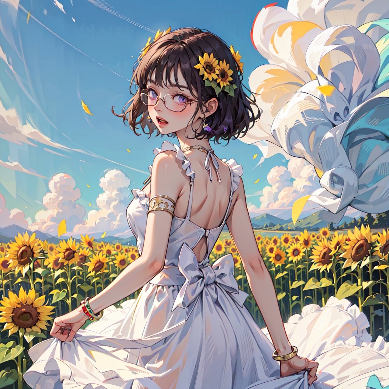 (best quality),(masterpiece),(ultra detailed),(highres),production art,solo,1girl, sunflower, flower, dress, hair ornament, outdoors, solo, glasses, hair flower, white dress, purple eyes, short hair, purple hair, looking at viewer, day, open mouth, sky, yellow flower, bracelet, sleeveless, cloud, sleeveless dress, blue sky, under-rim eyewear, jewelry, looking back, frills, flower field, semi-rimless eyewear, green-framed eyewear, sunflower hair ornament, blush, field, standing, frilled dress, bangs, from behind, blurry,